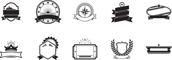 Badge frame silhouette vector set with shield, ribbon, compass, crown, gear, ticket and laurel elements for label design