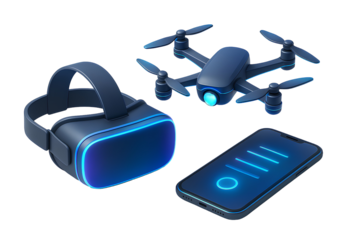 Futuristic Tech Icons – VR Headset, Drone, and Smartphone in Modern Digital Style