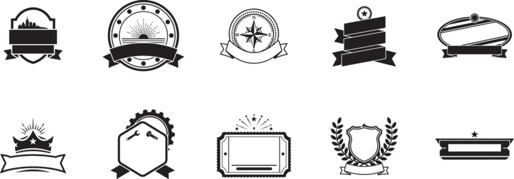 Badge frame silhouette vector set with shield, ribbon, compass, crown, gear, ticket and laurel elements for label design - Powered by Adobe