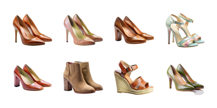 Collection of various high heels isolated on transparent background, studio shot