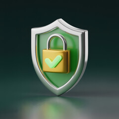 Secure digital shield with a golden padlock and green checkmark symbolizing protection and safety in cybersecurity and data privacy concepts