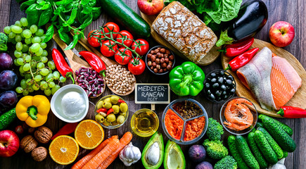 Food products representing the Mediterranean diet