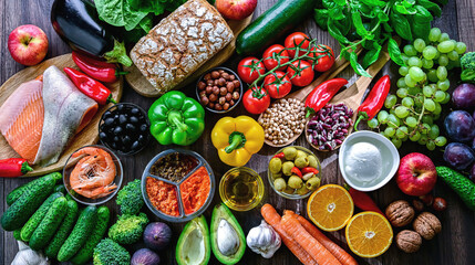 Food products representing the Mediterranean diet