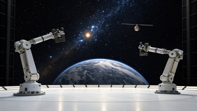 Two robotic arms operate in a futuristic space station, overlooking Earth and distant galaxies, highlighting advanced technology and exploration.