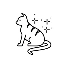 Line art of a seated cat with stripes accompanied by sparkles