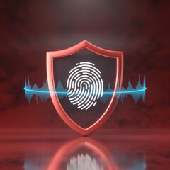 Digital fingerprint scan protected by a glowing shield with futuristic blue light waves symbolizing security and identity verification