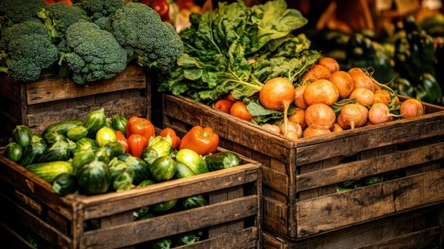 Assortment of fresh vegetables stacked in wooden crates