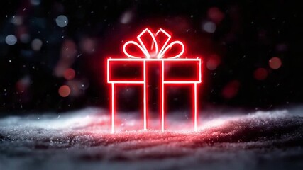 Christmas gift outlined in bright red neon with soft white snow falling over dark background, cozy and festive vibe - Powered by Adobe