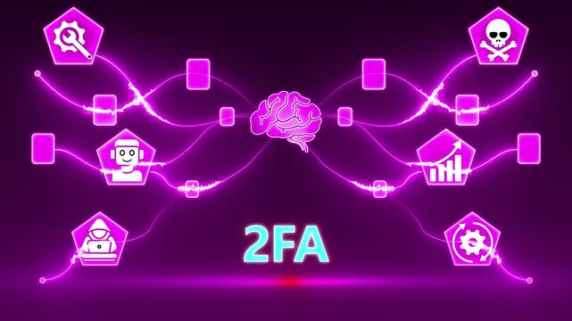 Pink Neon 2FA Brain Network Diagram with Icons and Data Flow on Dark Background Two-Factor Authentication
