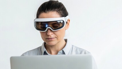 A woman wearing futuristic glasses is focused on her laptop, showcasing advanced technology and modern work habits.