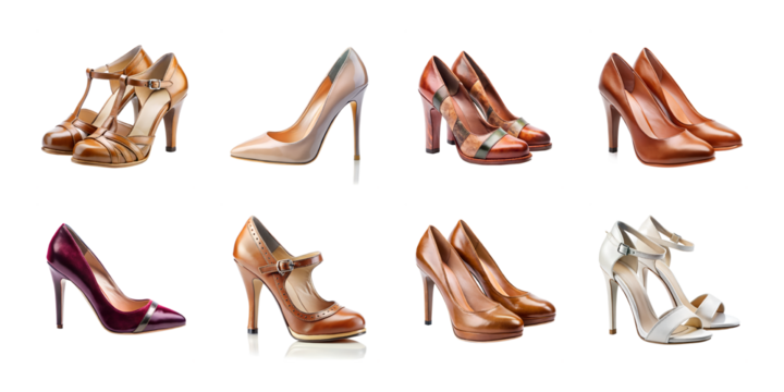 Collection of various high heels isolated on transparent background, studio shot