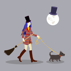 A witch with a broom and in a hat on a colored background goes about her daily activities