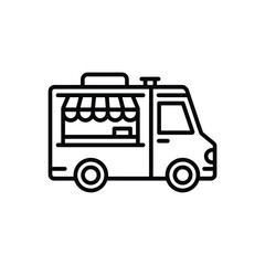 Simple line art icon of a food truck with an open awning