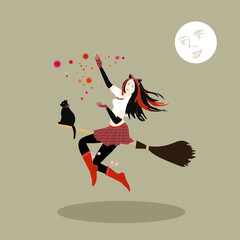 A witch with a broom and in a hat on a colored background goes about her daily activities