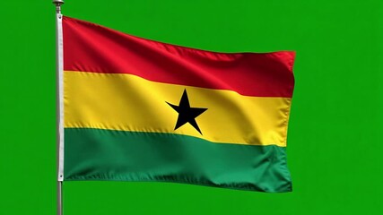 Dynamic Ghanaian flag proudly waving in vibrant 4K motion, symbolizing national pride against a lush green backdrop, perfect for patriotic visuals. - Powered by Adobe