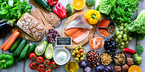 Food products representing the Mediterranean diet