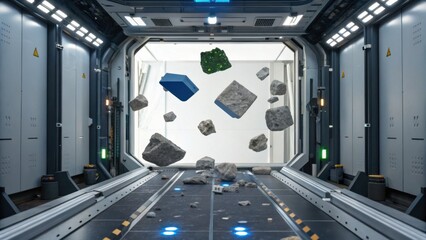 A futuristic space environment with floating rocks and debris inside a high-tech transport bay.