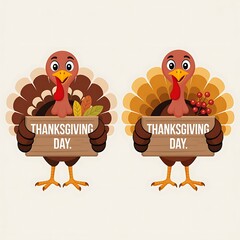 Two thanksgiving turkeys holding a thanksgiving day sign
