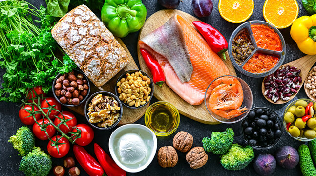 Food products representing the Mediterranean diet