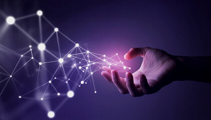 Man and woman hands connecting a digital network globe with a blue glowing light background
