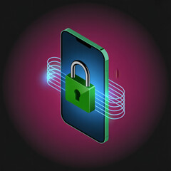 Secure mobile phone with a green padlock and glowing digital data streams representing cybersecurity and data protection
