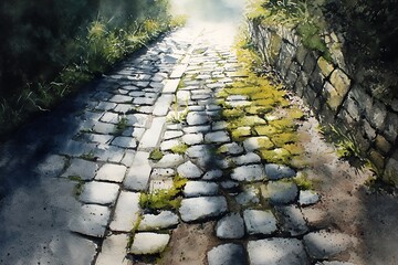 A serene watercolor painting of a worn cobblestone road, perfect for travel, architecture, or nature-themed projects.
