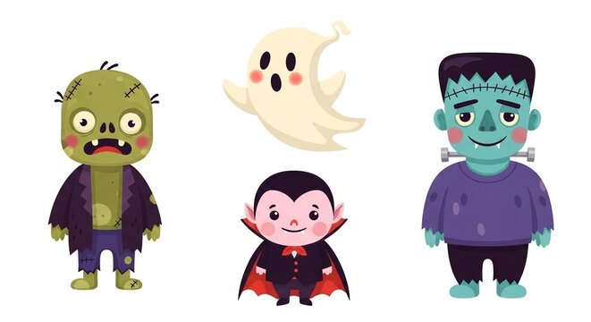 Set of cute Halloween characters including zombie, vampire, and ghost on white background