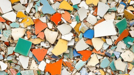 Fototapeta premium Broken ceramic tiles scattered in a colorful pattern