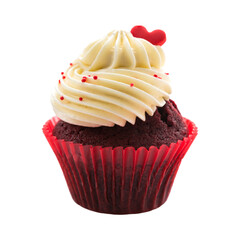 Decadent red velvet cupcake with cream cheese frosting and red sprinkles adorned with a chery on top
