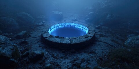 Mystical, glowing pool in a rocky, misty landscape