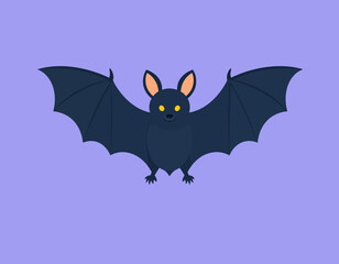 Flat illustration of a cartoon bat with outstretched wings against a solid purple background, conveying a playful and spooky mood.