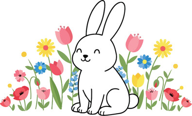 White bunny rabbit flowers spring easter cute floral cartoon illustration garden pet