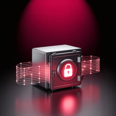 Secure digital data vault with glowing red padlock symbol and abstract light streams representing cybersecurity and protection