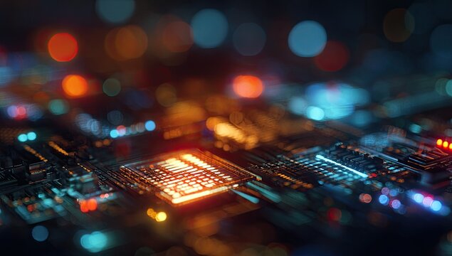 Abstract circuit board with glowing components