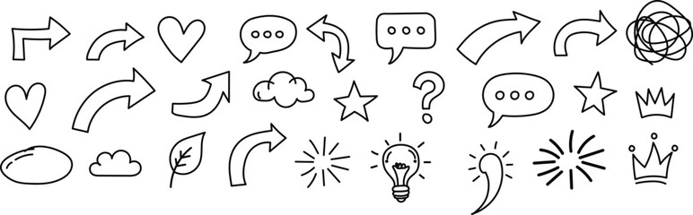 Line marker hand drawn brush arrow element set. Sketch pencil stroke vector graphic pen underline scribble icon. Hand drawn line heart, crown, star symbol highlight marker shape. Vector illustration