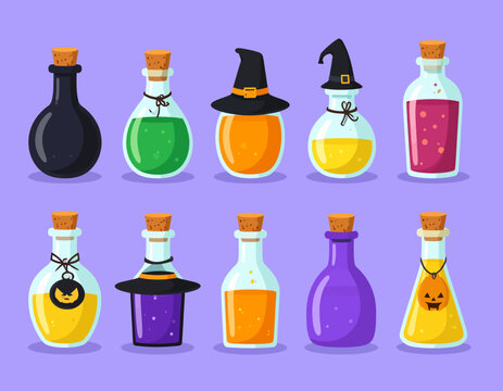 Collection of colorful cartoon potion bottles with Halloween-themed accessories on a purple background.