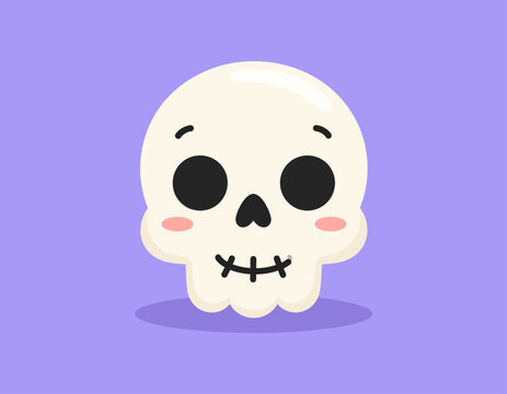 Flat illustration of a cute cartoon skull with blush cheeks against a solid purple background.