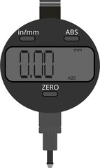 A digital dial gauge isolated on a white background. It is a precision measuring instrument that electronically converts linear displacement into a digital readout on an LCD screen