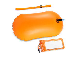 Inflatable orange swim buoy set with adjustable strap and waterproof phone pouch, isolated on white background. Ideal for open water swimming, triathlons, and summer water safety training