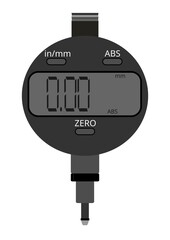 A digital dial gauge isolated on a white background. It is a precision measuring instrument that electronically converts linear displacement into a digital readout on an LCD screen