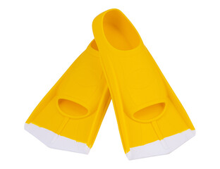 Pair of bright yellow swim fins with white tips, flexible rubber texture, and hydrodynamic design, isolated on white background. Ideal for snorkeling, swimming, and diving equipment collections