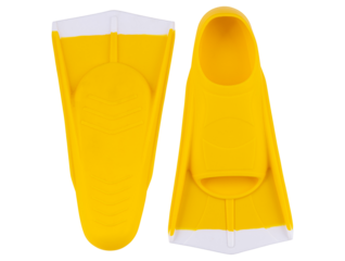 Pair of bright yellow swim fins with white tips, flexible rubber texture, and hydrodynamic design, isolated on white background. Ideal for snorkeling, swimming, and diving equipment collections