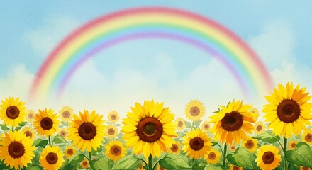 燦々と輝く黄金色の陽光が降り注ぐ中無数のひまわりが太陽に向かって生き生きと咲き誇る広大な畑が地平線まで広がり澄み渡る青空に七色の夢を乗せて架かる壮大な虹が心に希望と安らぎをもたらす美しい夏の情景を織りなす. AI Generated