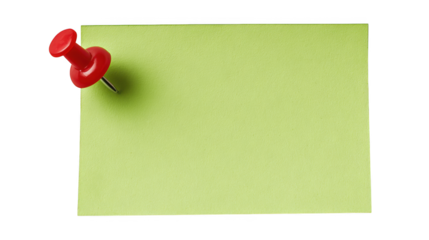 Green sticky note with red push pin isolated on white isolated on transparent background