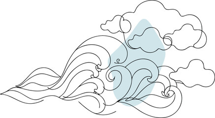 Flowing waves and clouds abstract line art blue