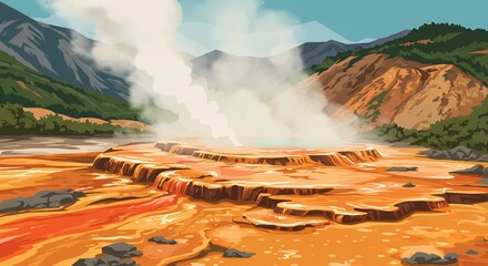 湯気が力強く立ち上る赤茶色の地熱泉鮮やかな色彩で描かれた幻想的な自然風景イラスト. AI Generated