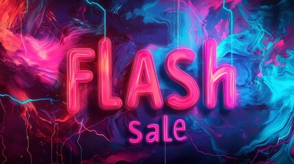 Vibrant Pink Neon Flash Sale Announcement on Abstract Swirling Background for Retail Promotion and Marketing Campaign