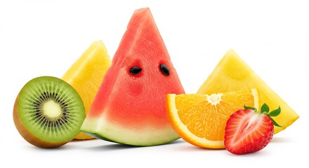 明るい光に照らされ真っ白な背景に鮮やかに映える多種多様なカットフルーツ 新鮮で瑞々しいスイカ キウイ オレンジ イチゴが清涼感あふれる夏の活力を表現する魅力的な構図. AI Generated