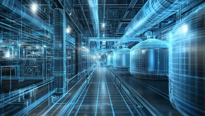 Abstract Blue Wireframe Rendering of an Industrial Plant Interior with Tanks, Pipes, and Grid Floor for Engineering or Technology Concepts