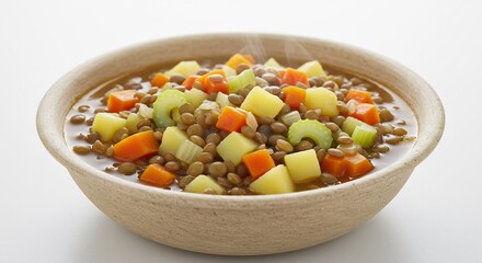 湯気立つ温かいレンズ豆スープ彩り豊かな野菜がゴロゴロ栄養満点シンプル背景で際立つ美味しさ. AI Generated